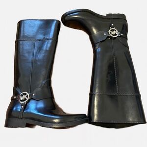 Michael Kors Black Riding Boot Styled Rain Boots With Logo Buckle Detail